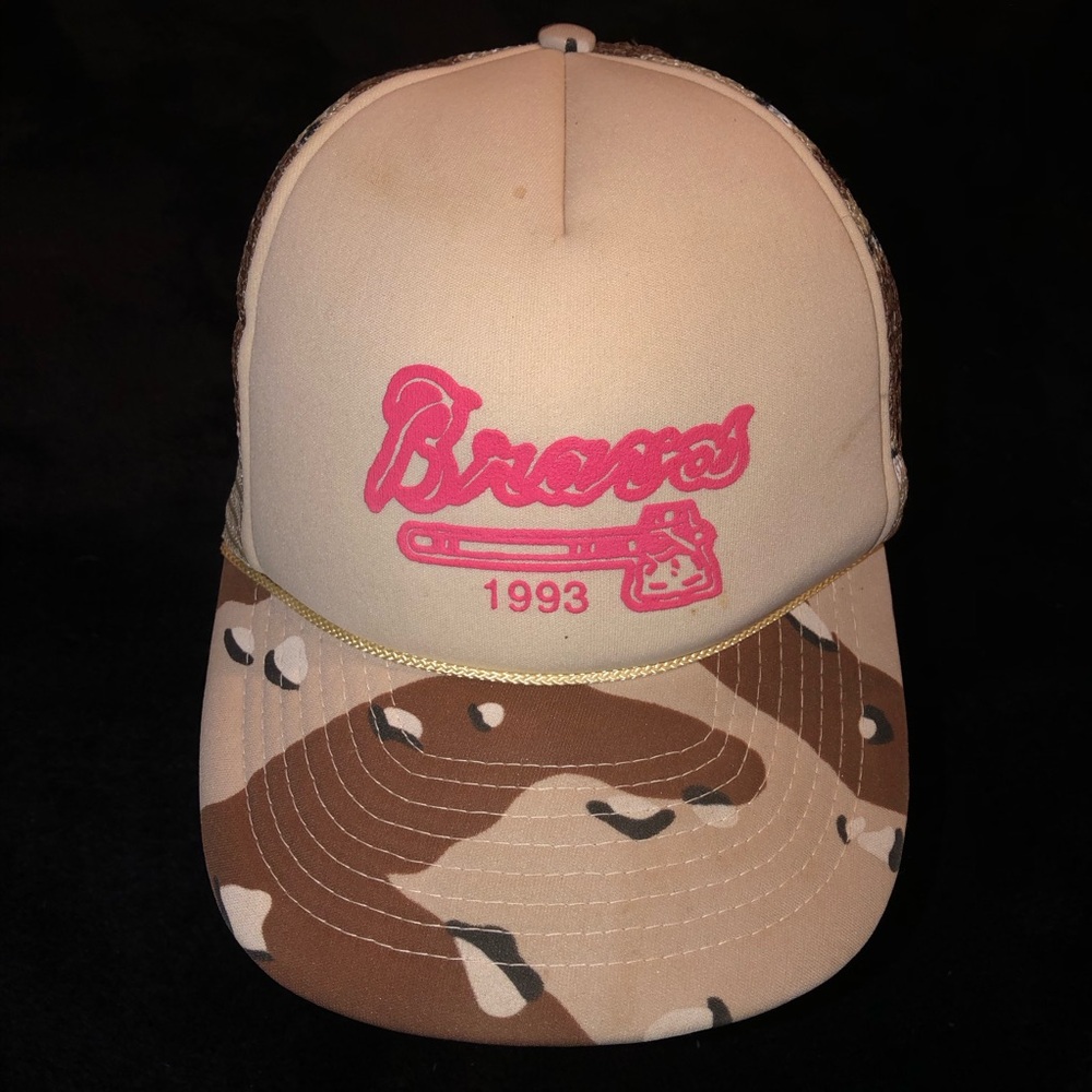 Atlanta Braves 1993 Foam Trucker Hat in Beige Camo with Pink Logo